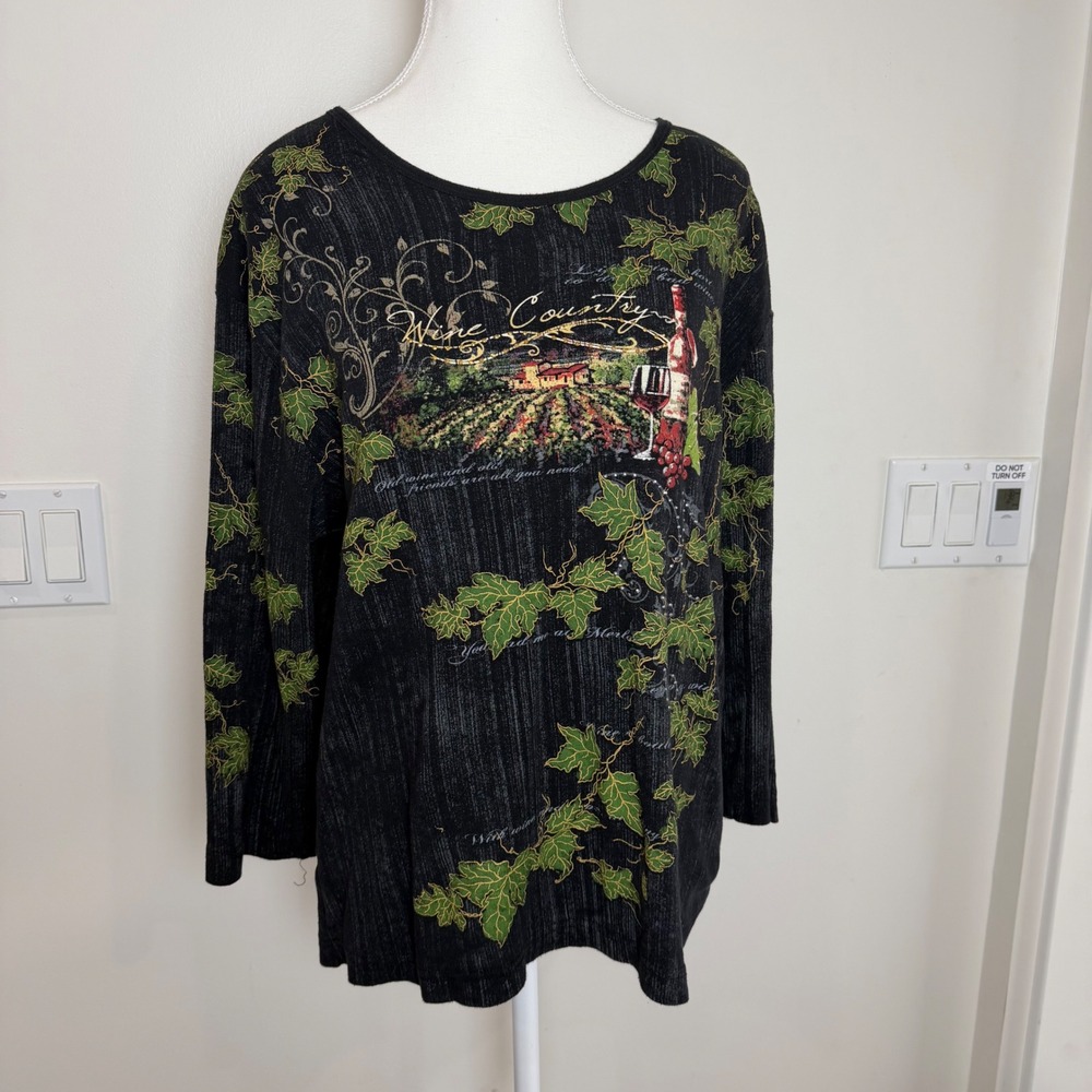 Northern Reflections Wine Country Vineyard Graphic Top Black Size XL Cottagecore - Picture 1 of 9